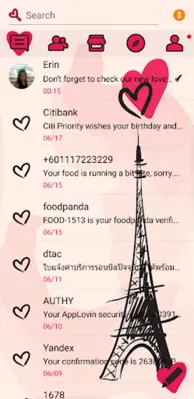 SMS Theme Love Paris - pink android App screenshot 1